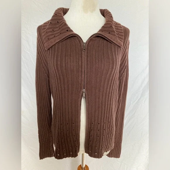 Vertical Design brown double zip knit jacket sweater rib knit construction ☆♡☆♥︎ - Picture 1 of 9